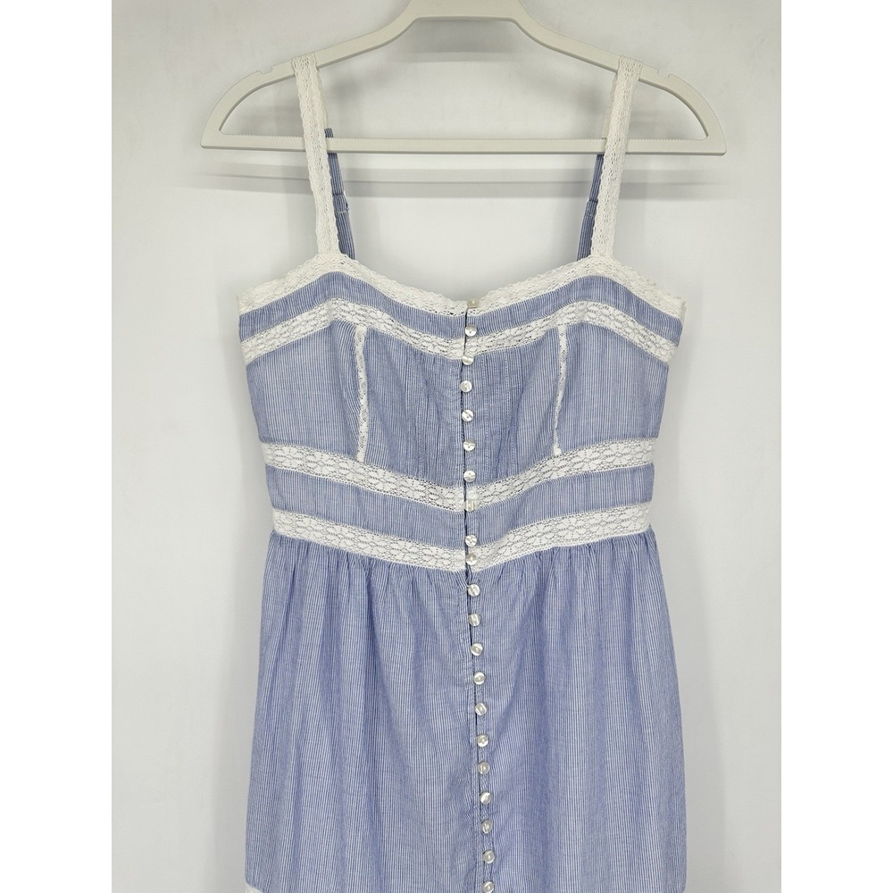 GAP Lace Trim Maxi Dress S Petite Blue Stripe Cotton Button Front Cottagecore - Picture 10 of 16